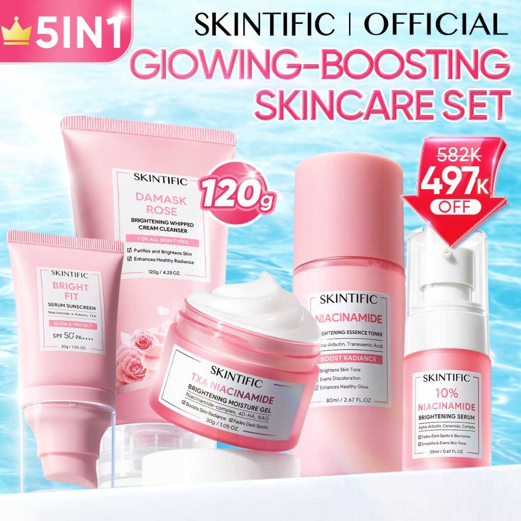 [5PCS] SKINTIFIC Full Series Skincare Set - Facial Wash + Toner + Serum + Moisturizer + Sunscreen – Daily Skincare – Paket Perawatan Wajah Semua Jenis Kulit – Brightening, Dark Spot, Calming Acne, Skin Barrier, Glass Skin