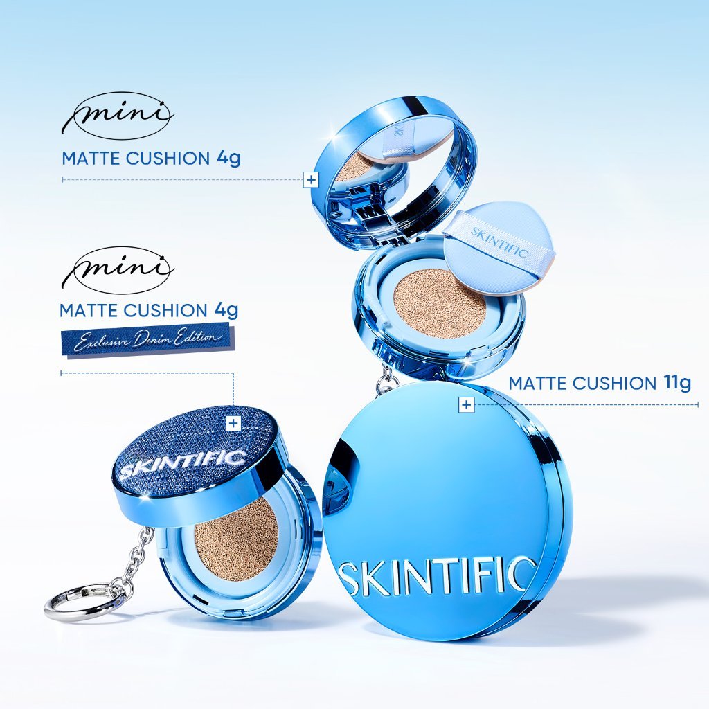NEW LAUNCH | Limited Edition | SKINTIFIC - Perfect Stay Velvet Matte Cushion | Mini Denim Version 4g Oil Control hingga 12 Jam Travel Friendly Touch up makeup foundation compact mini size