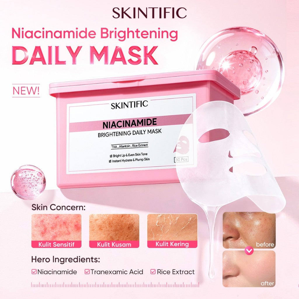 SKINTIFlC -NIACINAMIDE BRIGHTENING DAILY MASK 30sheets|Hydrate Glow sheet masker wajah masker komedo dan pori skincare skintific masker wajah 1box sheetmask 30 days sleeping mask masker mencerahkan wajah kusam clay mask claming pore treatment