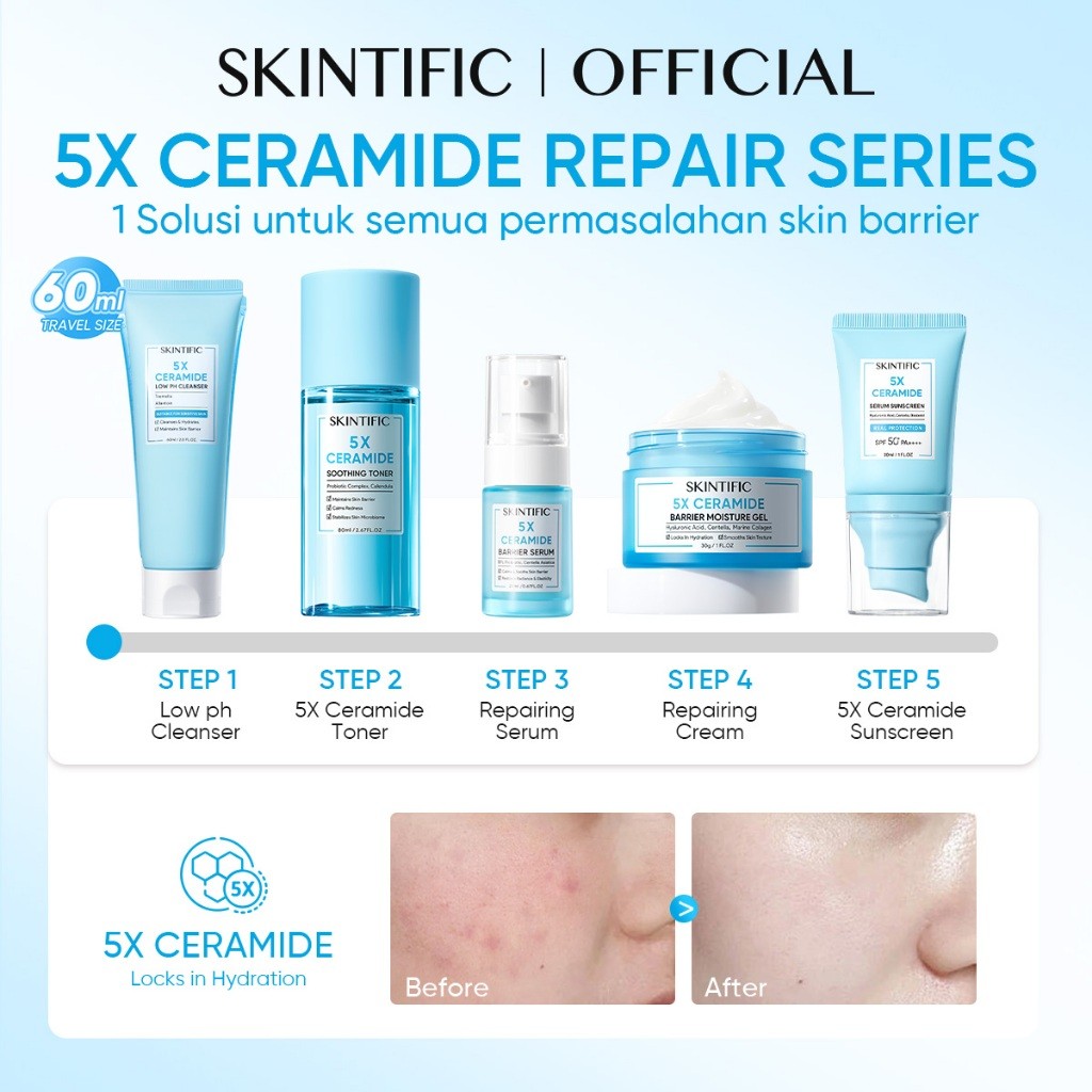 [5PCS] SKINTIFIC Full Series Skincare Set - Facial Wash + Toner + Serum + Moisturizer + Sunscreen – Daily Skincare – Paket Perawatan Wajah Semua Jenis Kulit – Brightening, Dark Spot, Calming Acne, Skin Barrier, Glass Skin