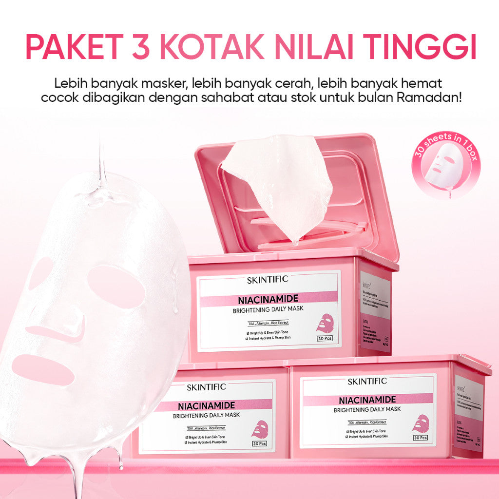 SKINTIFlC -NIACINAMIDE BRIGHTENING DAILY MASK 30sheets|Hydrate Glow sheet masker wajah masker komedo dan pori skincare skintific masker wajah 1box sheetmask 30 days sleeping mask masker mencerahkan wajah kusam clay mask claming pore treatment