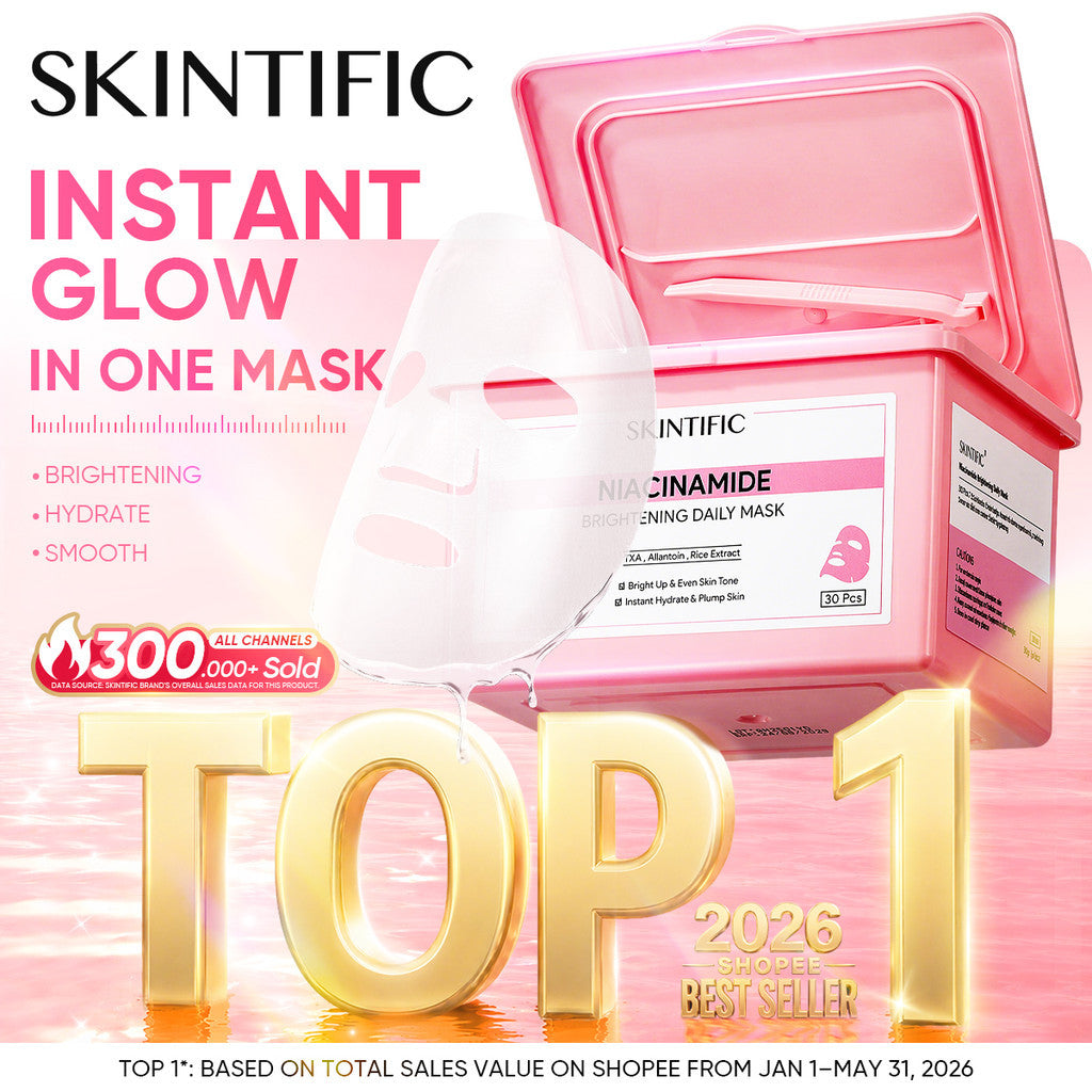 SKINTIFlC -NIACINAMIDE BRIGHTENING DAILY MASK 30sheets|Hydrate Glow sheet masker wajah masker komedo dan pori skincare skintific masker wajah 1box sheetmask 30 days sleeping mask masker mencerahkan wajah kusam clay mask claming pore treatment